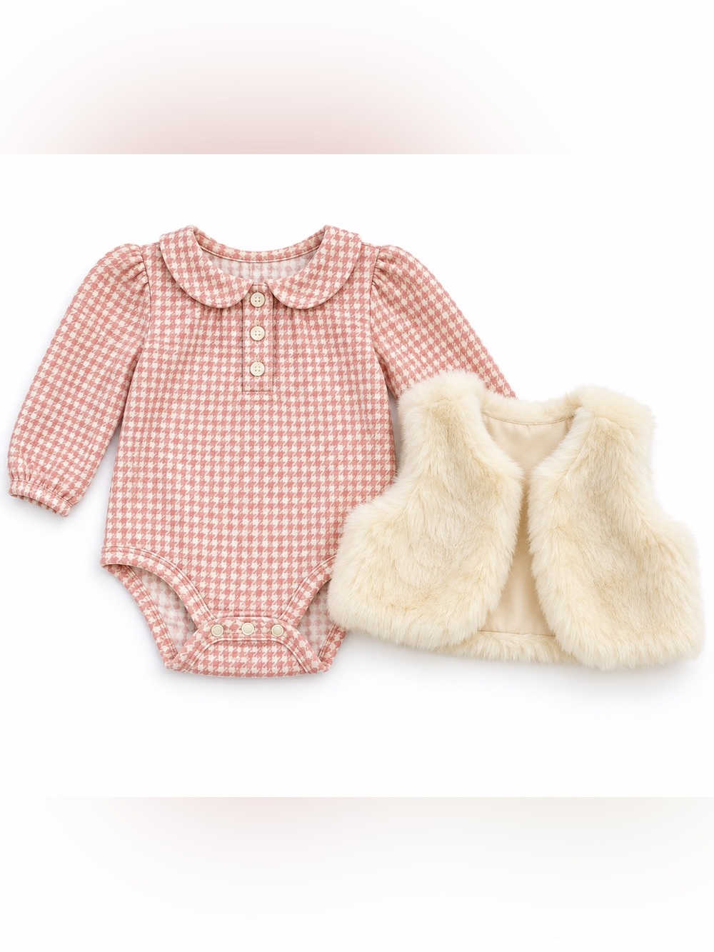 NWT Rachel Zoe Baby Pink Houndstooth Bodysuit & Faux Fur Vest Set 3–6M
